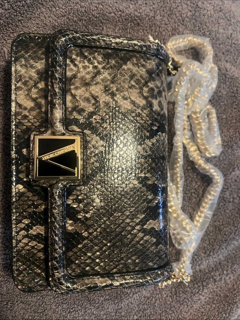 Victoria's Secret Black Snake-Print purse Clutch with Gold Logo